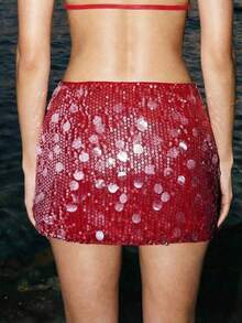 SHEIN ICON Váy ngắn ôm sát eo siêu trễ đính sequin gợi cảm - Màu Đỏ Sâu - Xem 2
