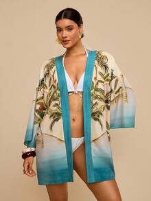 Travachic Áo khoác ngoài dài tay bằng chiffon in họa tiết cây nhiệt đới màu xanh lá cây dành cho nữ cỡ lớn, kiểu dáng rộng rãi, dài đến giữa bắp chân, thích hợp cho những buổi đi biển lãng mạn đầu mùa xuân. - Nhiều màu - Xem 4