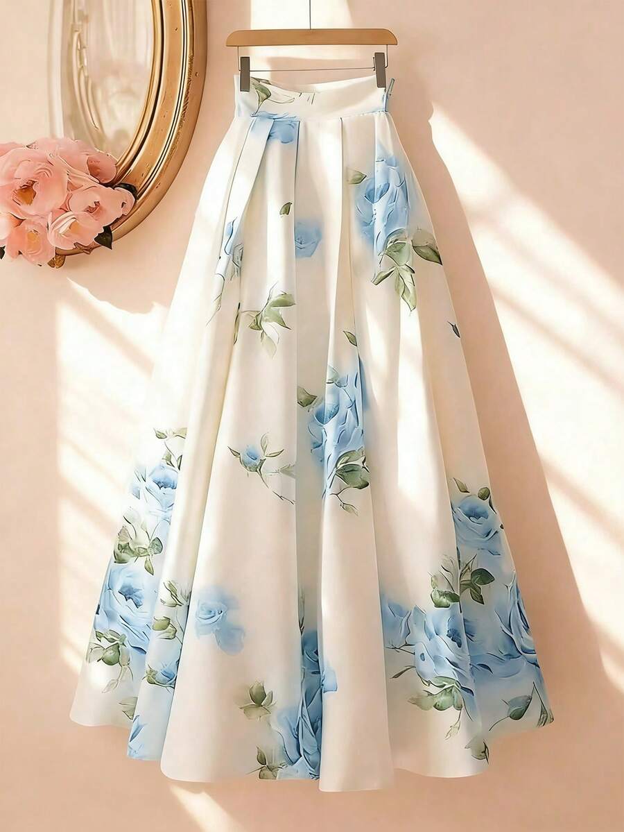 GlowEve 女士印花褶裥休闲百搭约会外出A字裙 - 淺藍色 - 查看 1