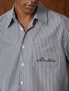AKNOTIC Business Casual 男士条纹字母印花单排扣休闲百搭日常短袖衬衫 - 黑與白 - 查看 4