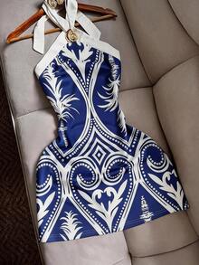 Airaco 性感修身露背系带印花撞色迷你连衣裙，适合休闲海滩度假旅行，女士 - 藍色 - 查看 3