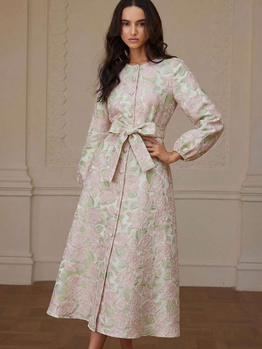 BELROSIE Textured Burn-Out Raised Embossed Decor Round Neck Belted Dress With Button Trim - Baby Pink - View 1