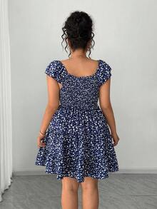 Elenzga Plus Size Women's Navy Blue Ditsy Floral Square Neck Ruffle Sleeve Cinched Waist A-Line Dress,Summer Boho Vacation Holiday Fashion Prom Wedding Dress - Multicolor - View 2