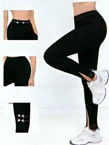 Modelyn 女士蕾丝拼接休闲百搭日常穿着打底裤 - 黑色 - 查看 1