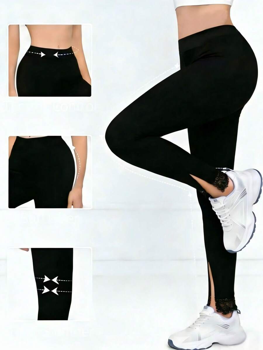 Modelyn 女士蕾丝拼接休闲百搭日常穿着打底裤 - 黑色 - 查看 1