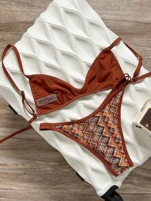 Swim Vcay 春夏针织提花无钢圈吊带背心和泳裤女士沙滩度假泳装套装 - 鏽棕色 - 查看 2