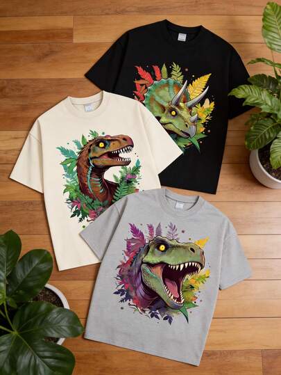 Set de 3 playeras niño dinosaurio camiseta de manga corta para niño pequeño, con parte superior estampada con dinosaurio de dibujos animados, estilo de moda respirable de verano. Ideal para uso diario, urbano, playera de algodón top de niño