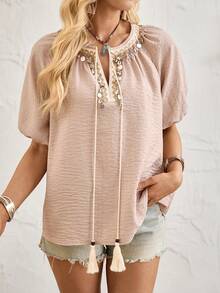 Florisole 女士休闲度假亮片贝壳边饰V领系带灯笼袖衬衫，卡其色 - 卡其色 - 查看 4