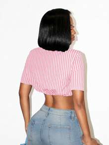 BamGleam Damen gestreiftes Kurzarm Crop Top mit Twist-Detail - Pink - Übersicht 3