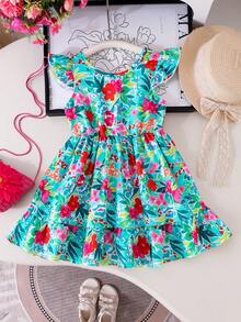 Elladie kids Young Girls Sleeveless Flounce Green Floral Print Short Dress With Big Bow Back Ruffle Hem Round Neck Vacation Style Squishy Summer Outfits - Green - View 3