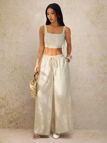 SHEIN PETITE New Spring/Summer Vacation Casual Fishbone Strap Top And Wide Leg Pants With Pockets 2 Pieces Textured Fabric Set - B - Apricot - View 3