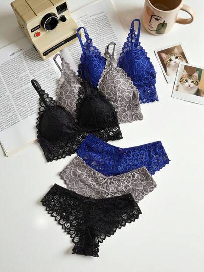 Lowkey Lull 女士蕾丝装饰文胸套装，3 种颜色，内衣