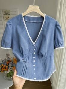 SHEIN EZwear 大码女式蕾丝边休闲短袖衬衫 - 彩色 - 查看 7