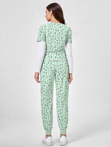 TaskEZ Leaf Plant Cartoon Print V-Neck Short Sleeve Pocket Hanging Ear Split Design Women 2-Piece Set, Spring/Summer Nurse Scrub, Pants Casual Suit, Scrub Set - Multicolor - View 2