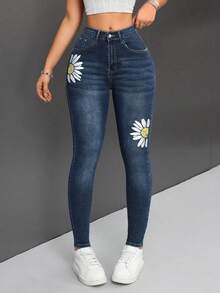 SHEIN PETITE Women's Sunflower Pattern Pocket Skinny Casual Jeans - Dark Wash - View 3