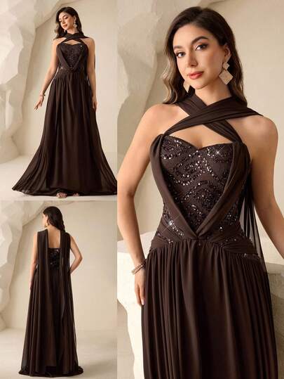 Coutiva Elegant Sequin Embellished Dress, High-End Formal Gown For Banquet Women's Sequin Mermaid Formal Evening Gown One Shoulder Formal Dress Purple Women Evening Dress Gowns Glamorous Dress Dress Elegant Gala Dress Elegant Valentines Dress Elegant Dress Sequin Dress Pink Red Dress Floral Dress Valentines Dress Elegant Dress Sequin Dress Floral Dress Luxury Graduation Ceremony, School Opening, Music Festival, Birthday Party, Wedding, Afternoon Tea Gathering, Ball Brown Formal Dress Chocolate Brown Dress Brown Dresses Classy Elegant Brown Wedding Guest Dress Brown Bridesmaid Dress