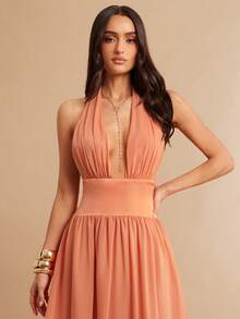 Silquee 橙色撞色深V领露背雪纺A字连衣裙，优雅夏日之选，适合伴娘、婚礼、海滩度假、约会、派对、鸡尾酒会、舞会、正式场合等场合。 - 橘色 - 查看 3