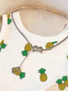 Resyla Women's Fitted Round Neck Tank Top With Allover Pineapple Print - Multicolor - View 4