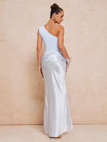 Lumalex 女士优雅奢华性感无袖褶皱收腰修身连衣裙，不对称领口，浅蓝色，春夏款 - 藍色 - 查看 6