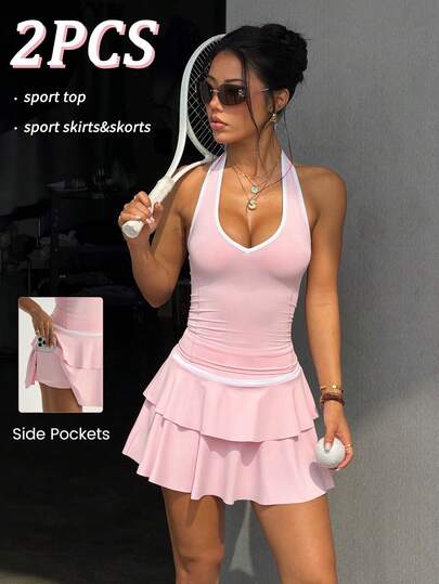 CourtClass 2pcs Women's Spring/Summer Sports Set, Halter Neck Fitted Top With Contrast Trim, Colorblock Skirt With Shorts Lining And Pockets, Suitable For Fashion, Casual, Running, Yoga, Gym, Tennis, Golf