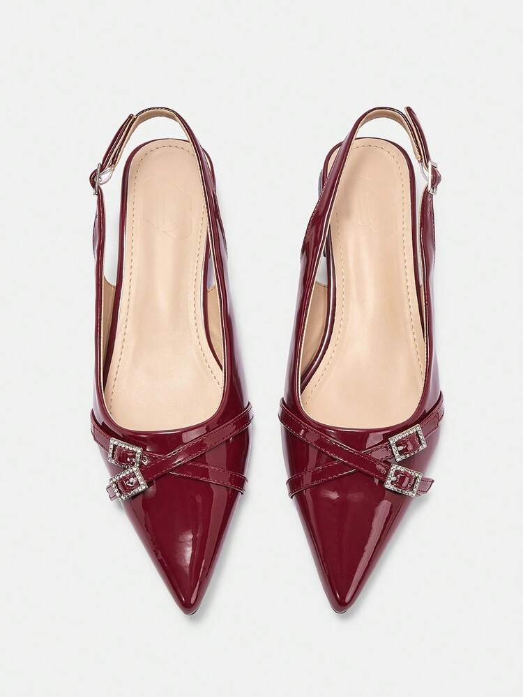 CUCCOO CURVES Women Shoes Wide Fit Fashion Pointed Thick Heel Burgundy Cross Belt Slingback Women's Shoes Simple Classic Daily Comfort Fattened High Heel Women's Shoes Plus Size