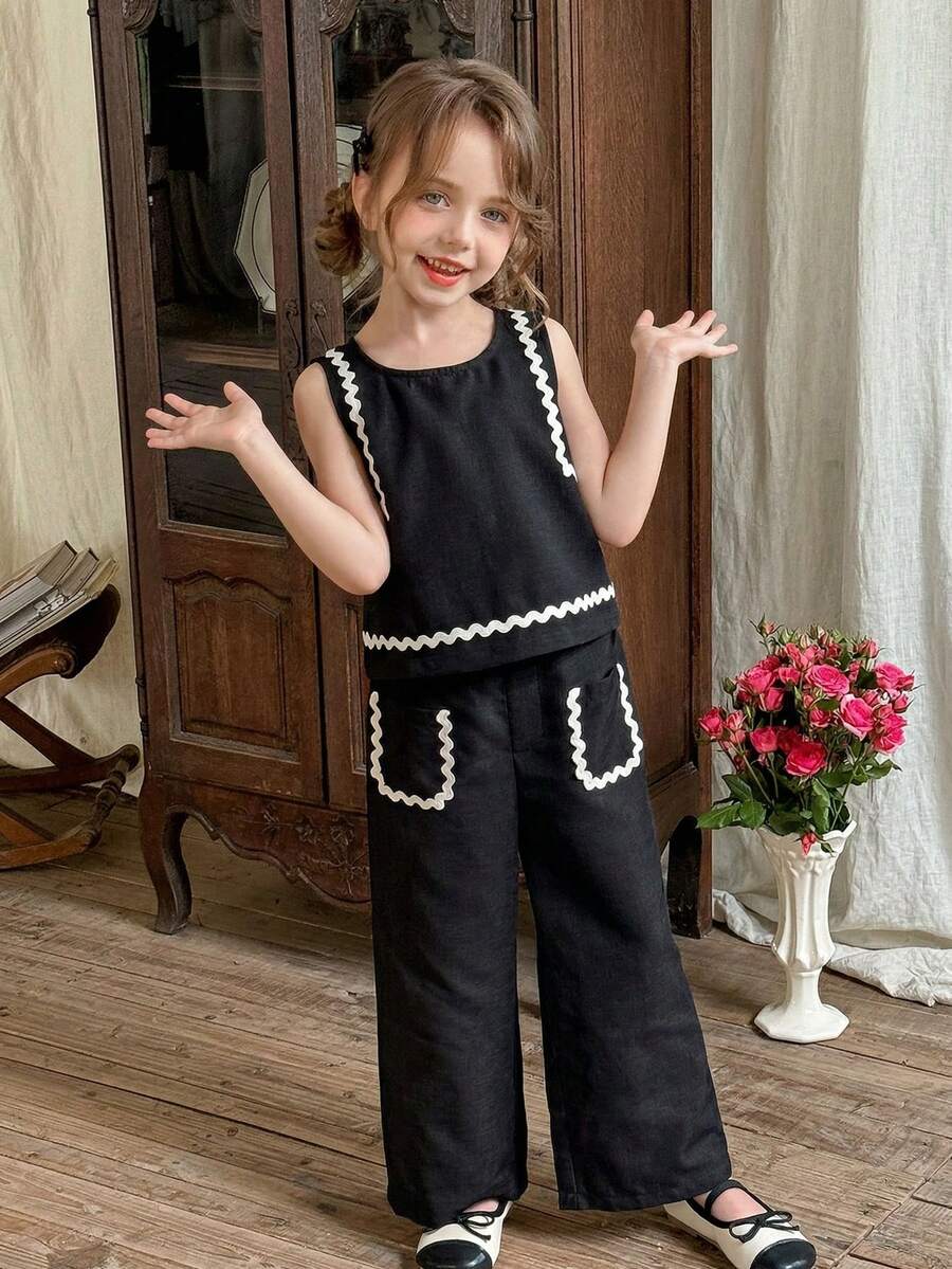 LMoss Kids 两件套少女纯色圆领吊带背心和宽松休闲裤套装 - 黑色 - 查看 1