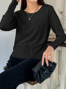 DAZY Ribbed Knit Lettuce Trim Tee,Fall Clothes Long Sleeve Women Tops - Black - View 6