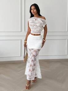 Slaydiva 优雅甜美白色蕾丝宽松不对称肩部上衣，夏季必备 - 白色 - 查看 3