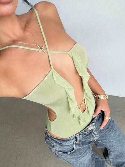Aloruh Women's Spring/Summer Vacation Solid Green Romper With Ruffled Hem, Criss-Cross Spaghetti Straps, Backless Sexy Bodysuit
