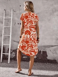 EMERY ROSE 女士度假印花短袖单排扣休闲中长连衣裙 女士夏季连衣裙 女士夏季套装 度假装 女士度假连衣裙 女士休闲连衣裙 女士春季连衣裙 - 紅色 - 查看 2