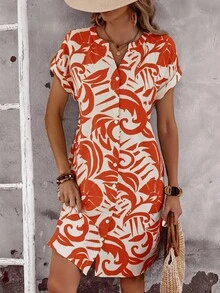 EMERY ROSE 女士度假印花短袖单排扣休闲中长连衣裙 女士夏季连衣裙 女士夏季套装 度假装 女士度假连衣裙 女士休闲连衣裙 女士春季连衣裙 - 紅色 - 查看 3