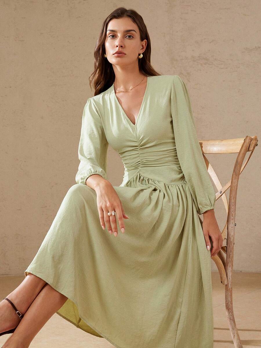 Aveloria Rosie V领长袖收腰连衣裙，清新优雅，适合春季野餐，温柔精致。 - 綠色 - 查看 1