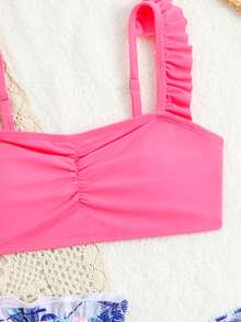 SHEIN Conjunto de 3 piezas de bikini con volantes y estampado tropical aleatorio para niñas, adecuado para la playa, la natación, las vacaciones y el verano - Multicolor - Ver 5