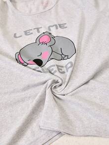 女士纯棉两件套灰色可爱熊猫印花圆领短袖衬衫和格子短裤家居服舒适休闲睡衣套装 - 灰色 - 查看 6