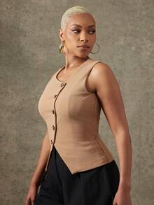 Vixey 纹理针织开衩下摆不对称纽扣背心 - 棕色 - 查看 4