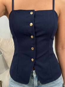 Top Casual de Tirantes Finos, Detalle de Botones Frontales, Cómodo y Elegante - Azul Marino - Ver 3