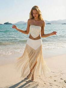 SHEIN ICON Váy dài gợi cảm có tua rua dành cho nữ - Màu be - Xem 5