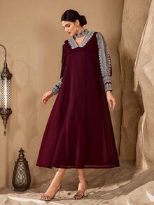 SHEIN Najma Đầm nữ thanh lịch với ren hoa và tay áo xẻ tà - Màu Đỏ Sâu - Xem 5