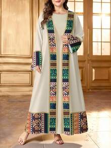 SHEIN Najma 复古花卉图案波西米亚条纹设计印花杏色加大码女装，女士端庄优雅阿拉伯长袍，春秋时尚长袖开衫长外套，亚洲服饰 - 彩色 - 查看 1