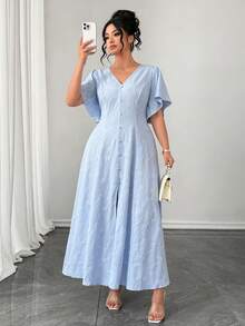 Elenzga Women's Elegant Commuter Casual Blue Jacquard V-Neck Irregular Ruffle Decor Button Fitted Waist Slimming Plus Size Maxi Dress, Spring/Summer - Sky Blue - View 6
