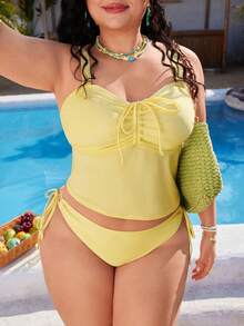 SHEIN Swim Mod 大码女式两件套纯色吊带泳衣，遮肚，适合海滩度假 - 黃色 - 查看 3