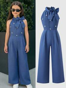 SHEIN 春夏灰蓝色蝴蝶结装饰无袖连体裤，宽松阔腿裤，简约风格，适合年轻女孩日常穿着、短途通勤、与朋友休闲聚会。 - 藍色 - 查看 2