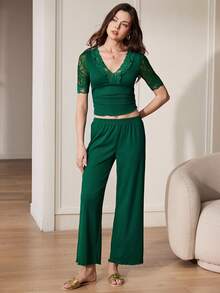 法式优雅浪漫高端迷人蕾丝拼接柔软修身V领绿色女士睡衣套装 - 綠色 - 查看 6