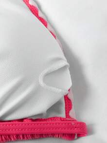 SHEIN 两件套条纹露背系带比基尼套装，性感泳衣，适合少女，夏季海滩度假；两件套纯色提花荷叶边系带比基尼套装，粉色，夏季 - 珊瑚粉 - 查看 4