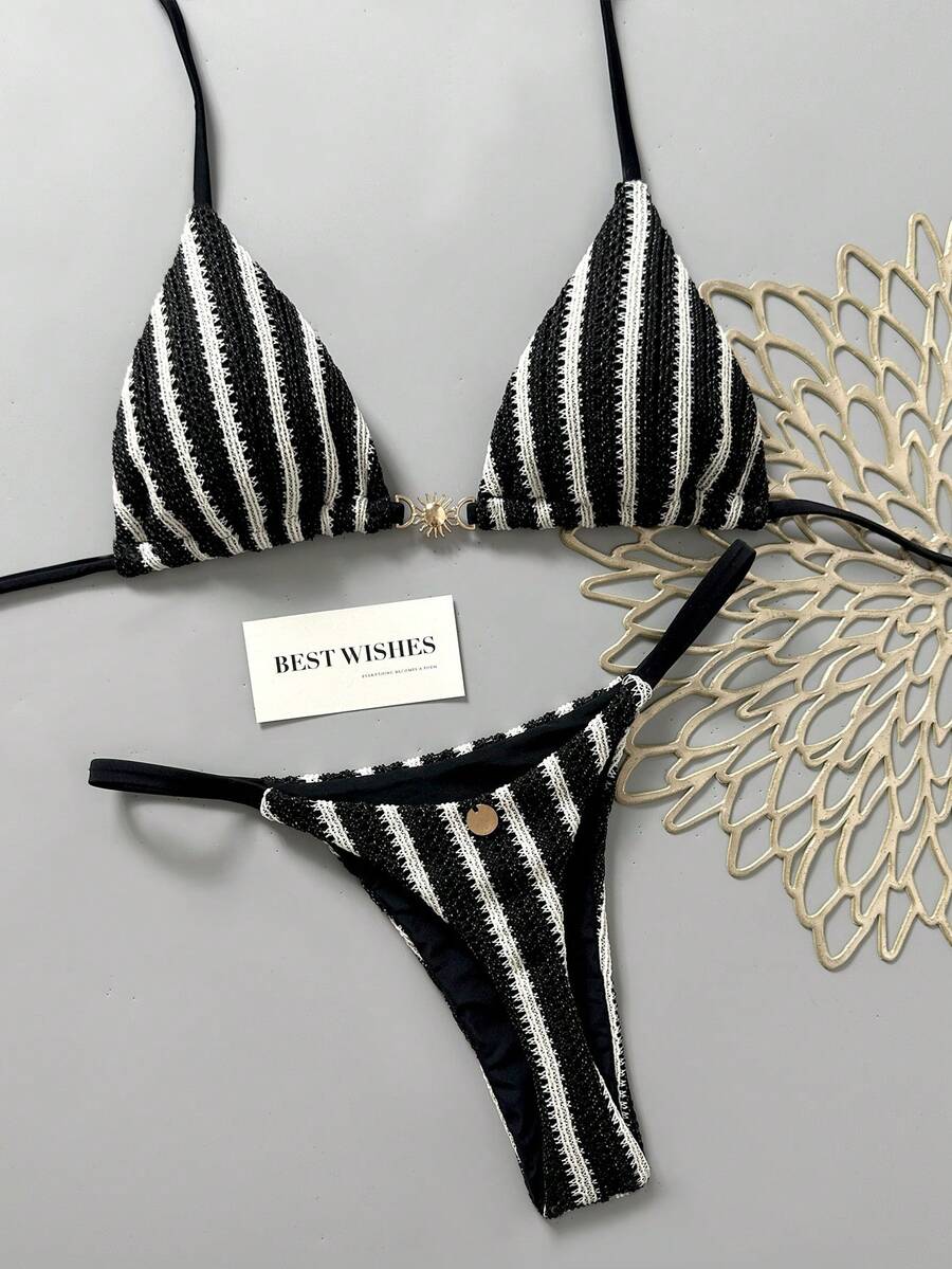 Swim Mod Women's Spring/Summer New Special Fabric Metal Decor V-Neck Halter Backless Triangle Top & Bikini Bottom Two Pieces Swimsuit - Black - View 1
