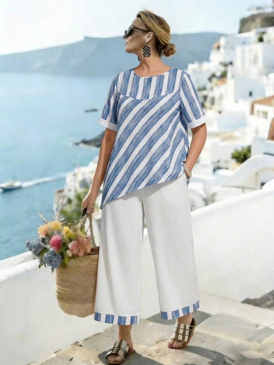 EMERY ROSE Plus Size Women Loose Casual Round Neck Short Sleeve Faux Linen Bamboo Striped Print Contrast Color Casual 2-Piece Set, Spring/Summer - Blue and White - View 1