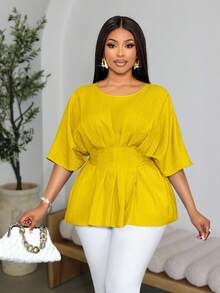 SOLERSUN Plus Size Women's Early Spring And Summer Dresses, Elegant Vacations, Casual Short Sleeves, Raglan Sleeves, Bat Sleeves, T-Shirts, Waist Belts, Woven Fabrics With Yellow Front Pleats, Daily Collocation, Shopping, Dating, Spring Break, Valentine's Day, And Fashionable Commuting. Yellow Summer Top Yellow Top Blouse Yellow Top For Women Elegant Blouse For Women Casual Elegant Latest Tops For Women New Arrivals - Mustard Yellow - View 3