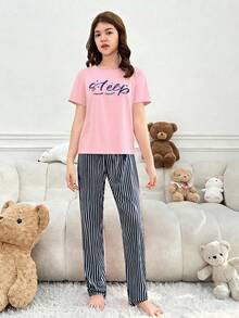 Teen GirlSimple Navy Blue Pants And Short Sleeve Casual 2 Pieces Loungewear Set - Baby Pink - View 4