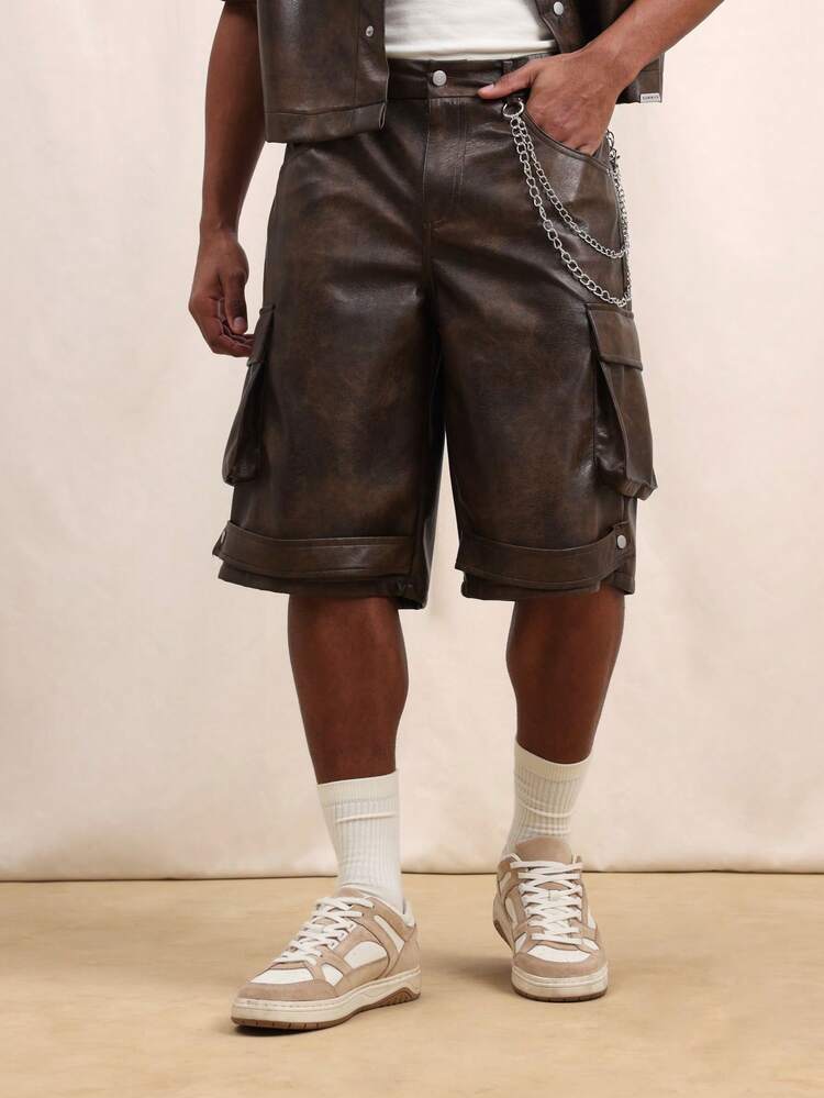 Men's Faux Leather Cargo Shorts With Chain Details And Multiple Pockets Rolled Hem Design Urban Streetwear Style Summer Casual Bottoms