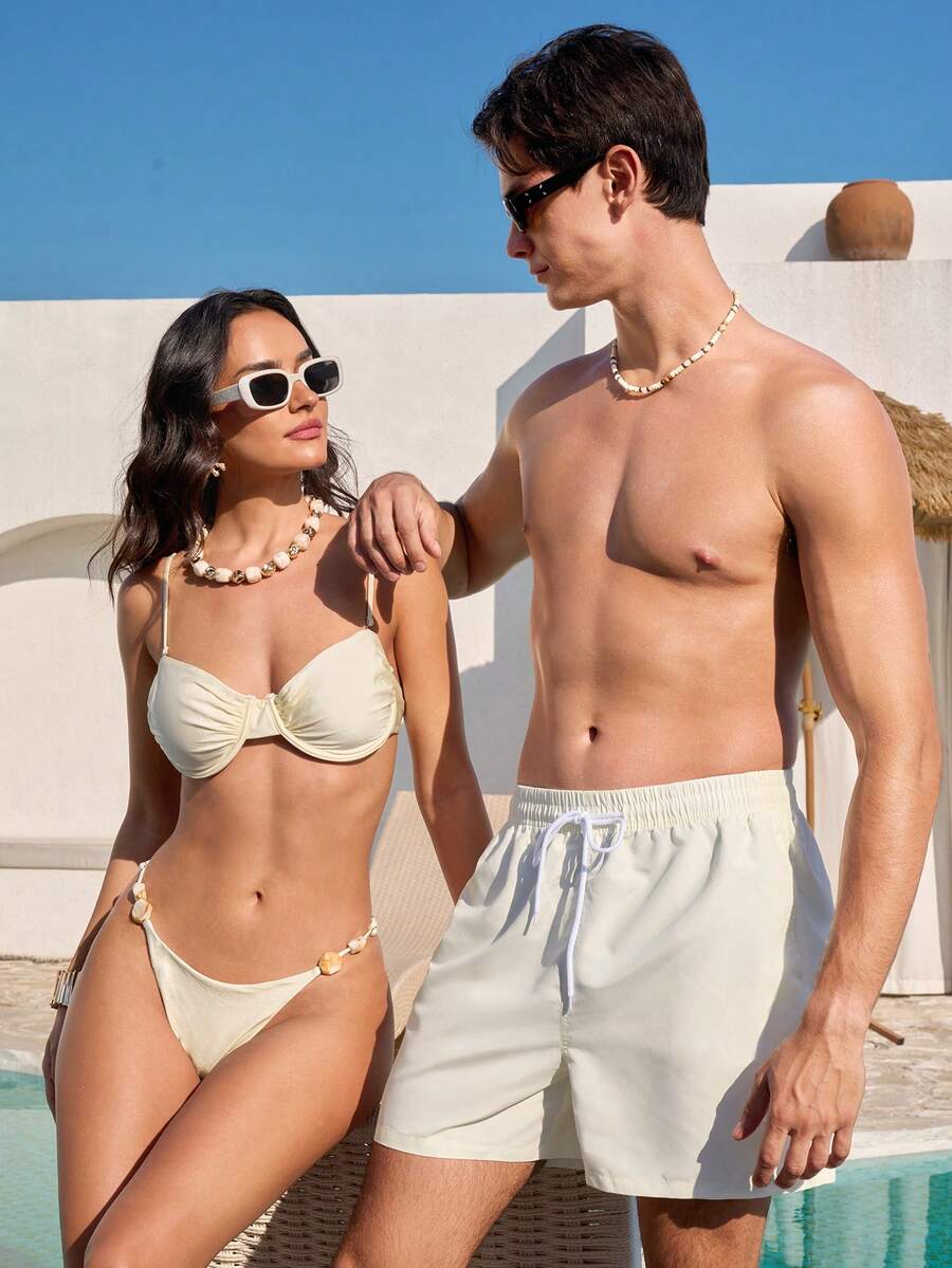 Manfinity VDAYZ Men's Simple Solid Color Drawstring Waist Beach Shorts, Summer Bathing Suits Matching For Him And Her Couple Bathing Shorts Beachwear Matching Couple Vacation - Apricot - View 1